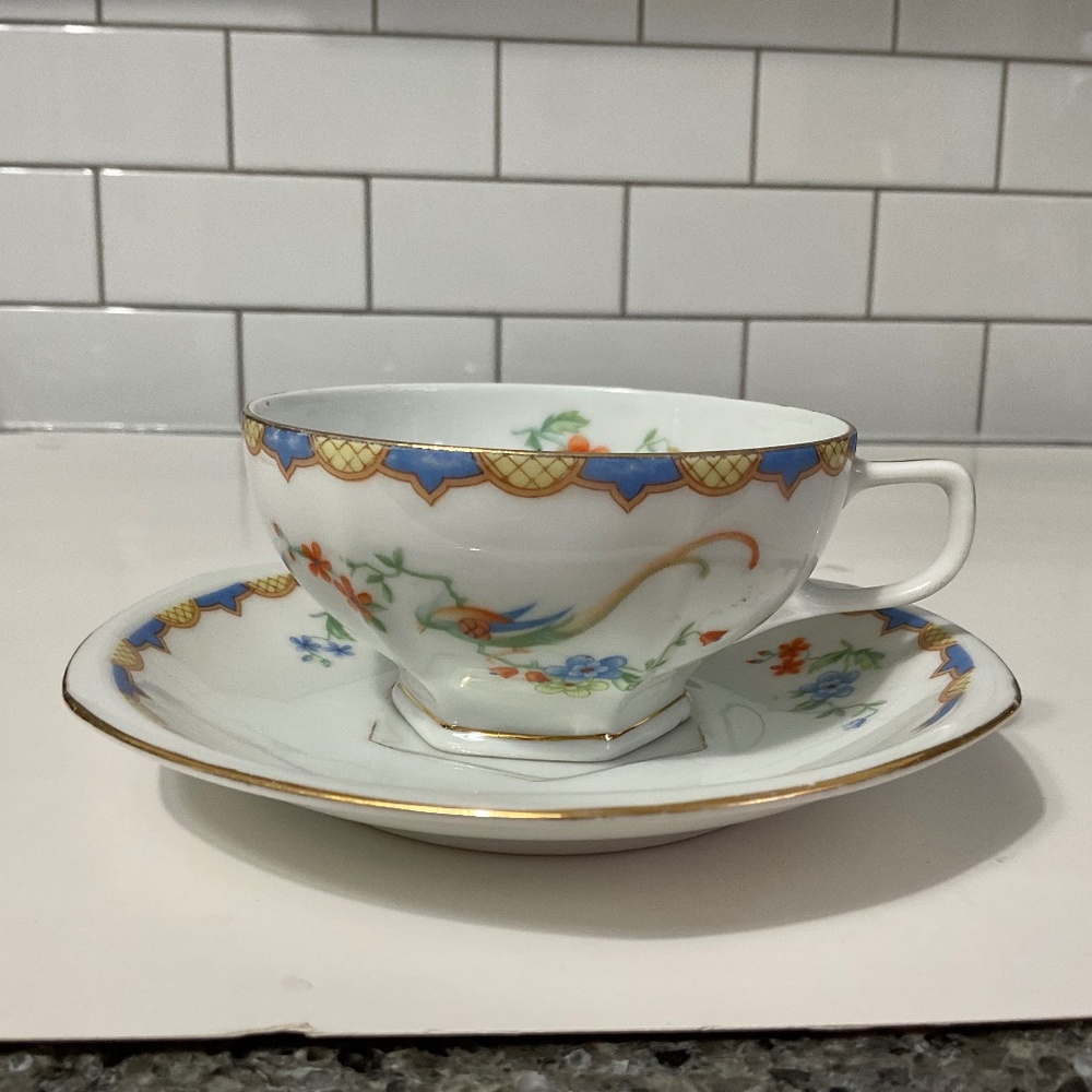 Czechoslovakian Floral Teacup And Saucer With Hexagon Foot And Bird Of Paradise